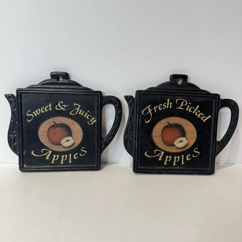 Vintage Apple Teapot Wall Plaque Trivet Set Country Farm Kitchen Decor